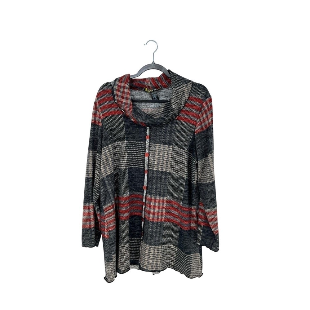 PURE Essence Plaid Cowl Neck Tunic Womens Size L Teacher Artsy Lagenlook Office‎